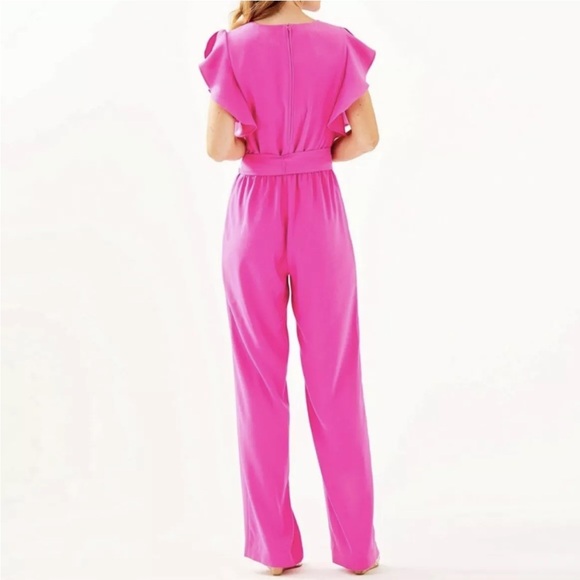 Bougainvillea Pink Ruffle Neck Shoulder Jumpsuit New S Fuchsia Belt Wide Leg - Picture 2 of 5